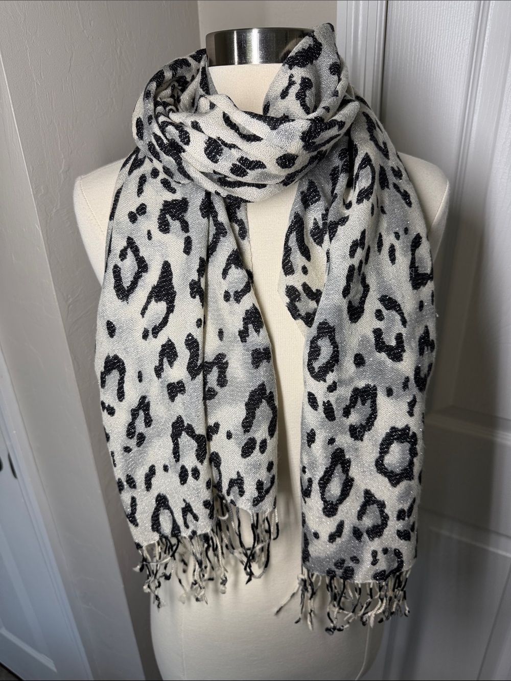 J. McLaughlin white and black animal print wool scarf with silver metallic
